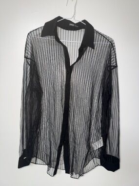 SHEIN Black Sheer Vertical-Strip Button-Up Coverup